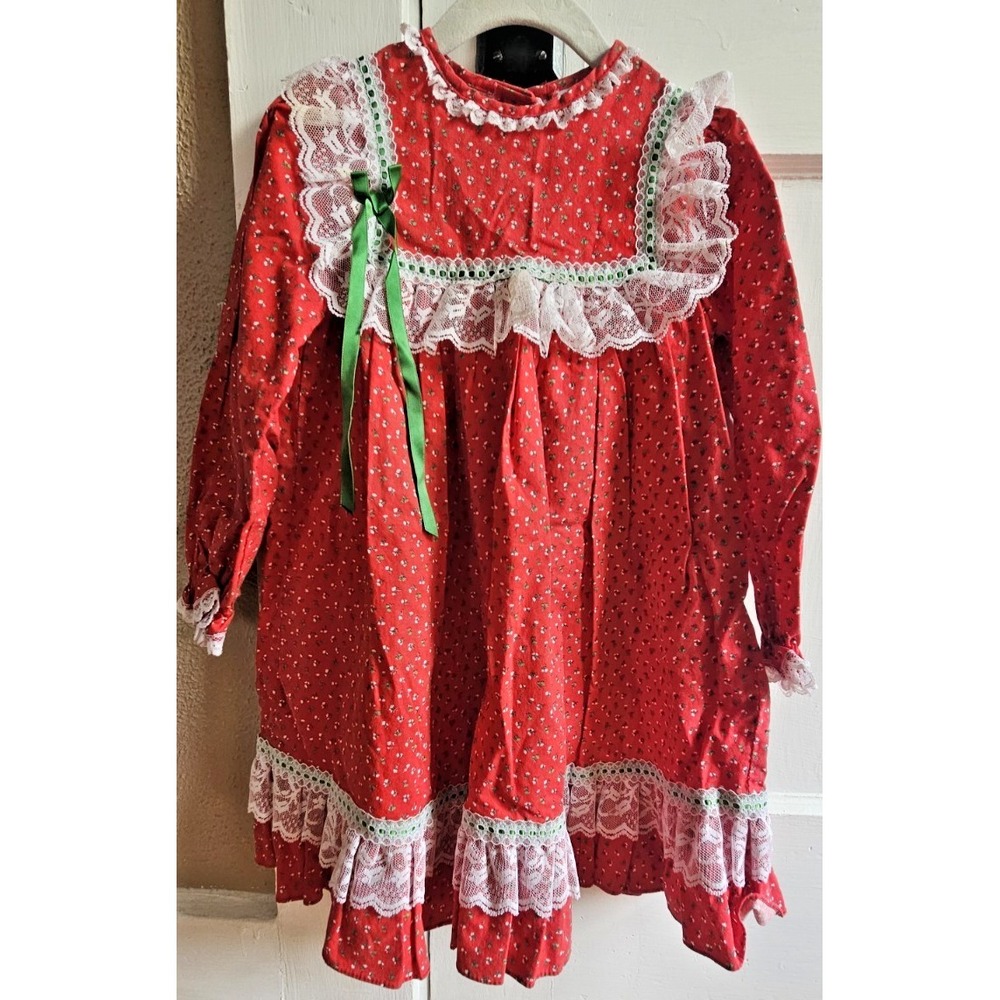 Vtg Bryan girls Sz 5 floral calico Christmas dress intricate white lace ribbon